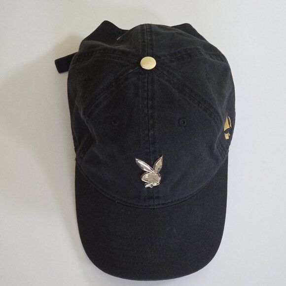 Playboy Lids Black Strapback Hat Cap Cotton Embroidery Metal Bunny Adjustable - Picture 4 of 15